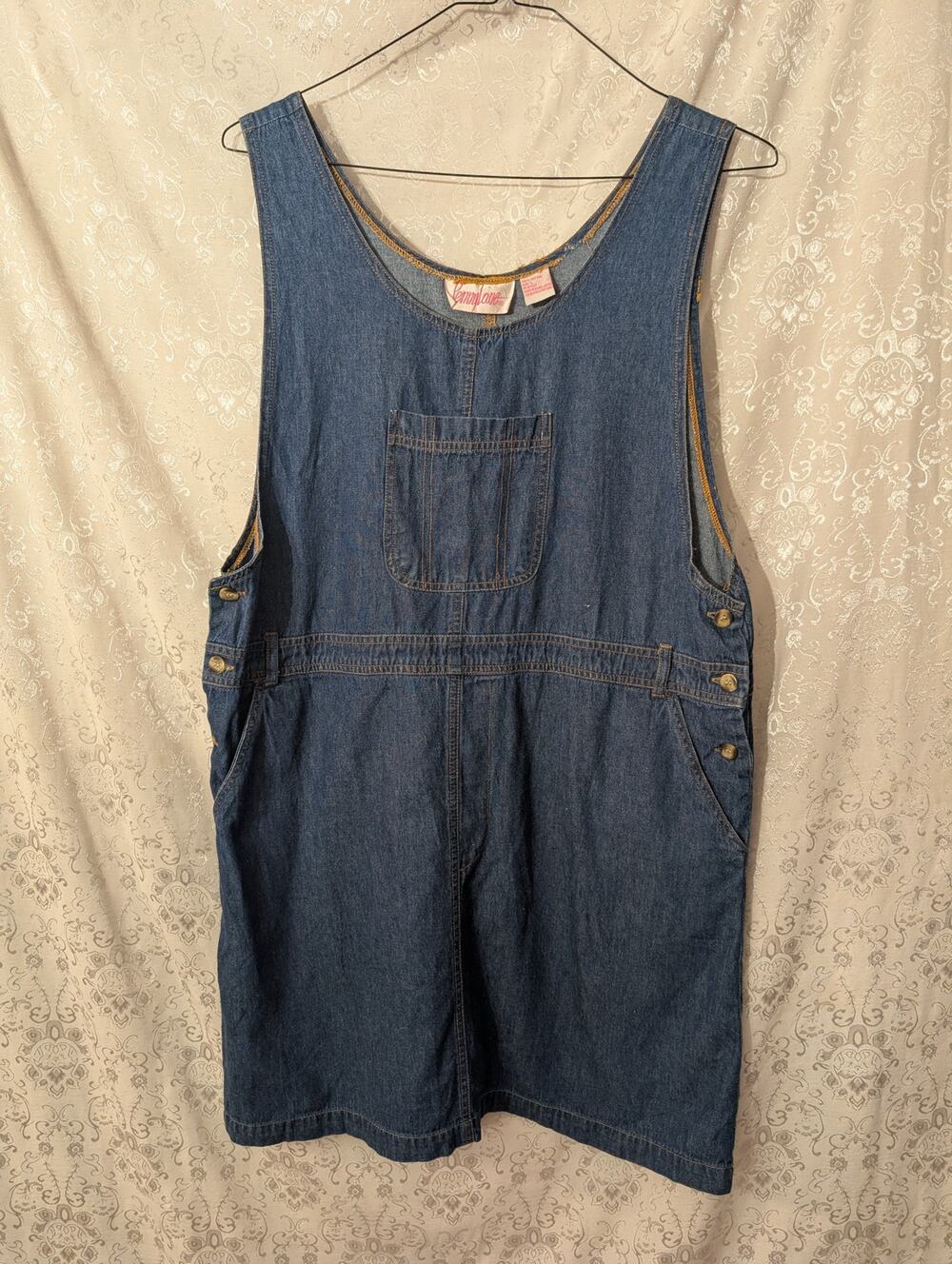 Vintage Penny Lane Denim Jumper Dress Mini 90s Pinafore Pockets